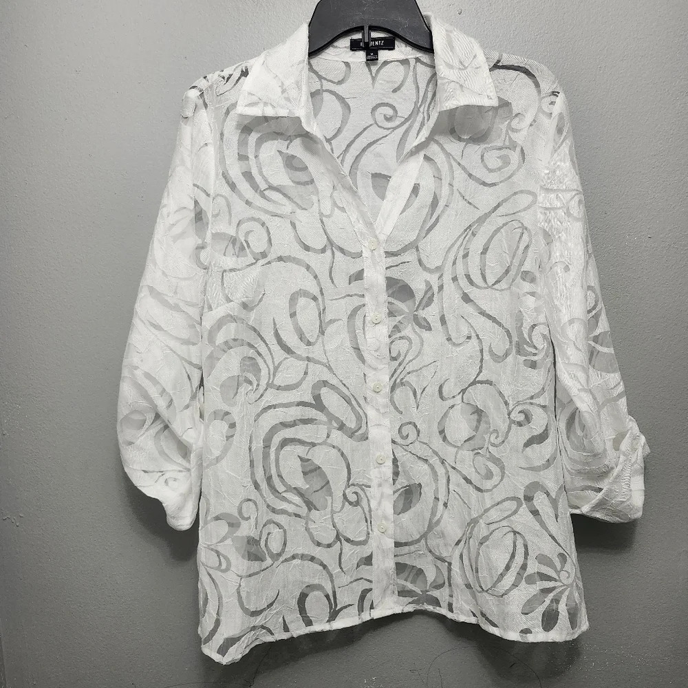 Elementz women's sheer blouse top long sleeve button down size M white